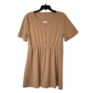 Women Ribbed 3 Front Button Short Sleeve Mini Dress Khaki Size Large